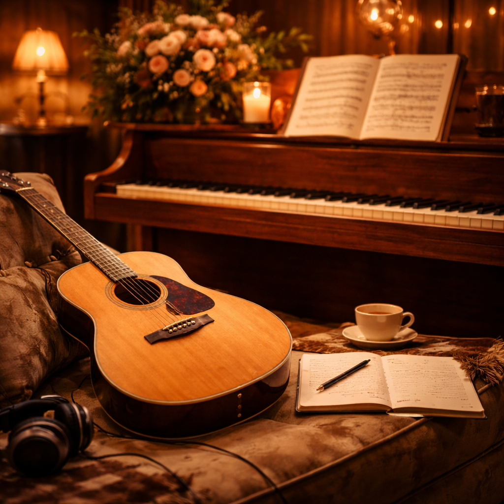 Gemuetliche Musikszene Mit Gitarre Und Blumen