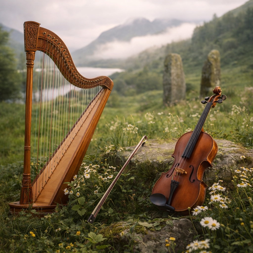 Keltische Harfe Und Geige Im Abendlicht 1