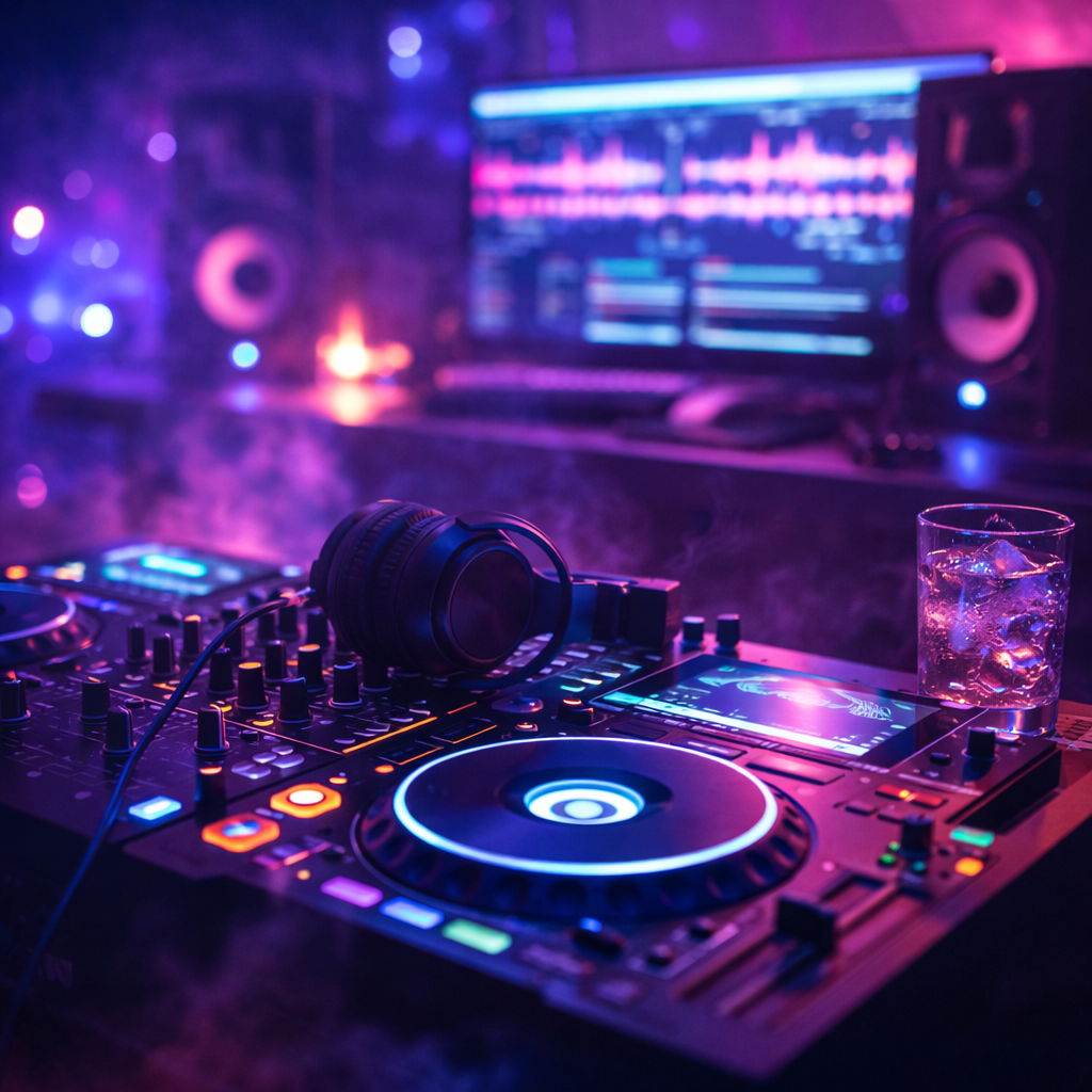 Neon Lit DJ Setup With Vibrant Hues