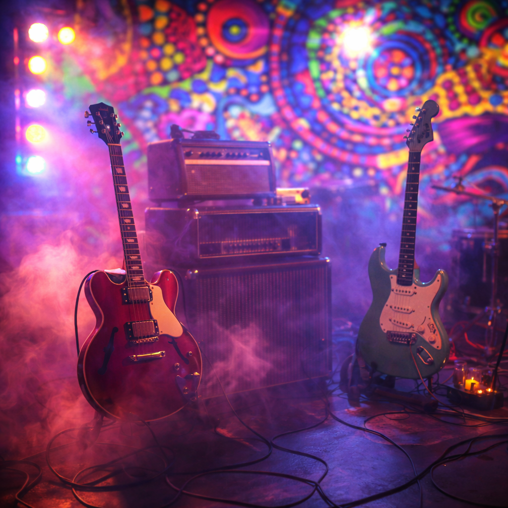 Psychedelische Buehnenatmosphaere Mit Gitarren